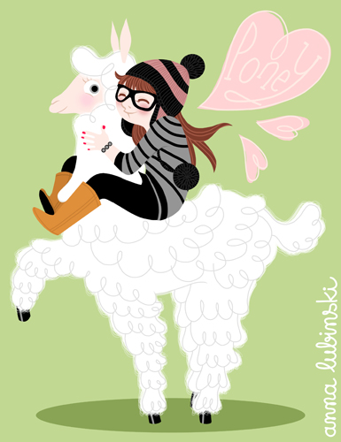 Anna Lubinski - Illustration my sister riding a llama, ma soeur chevauchant un lama.