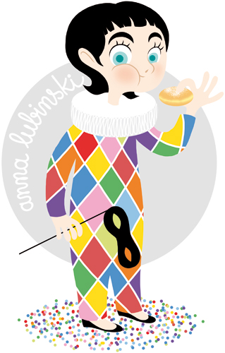 Anna Lubinski - Illustration enfant déguisé en arlequin pour mardi gras qui mange un beignet