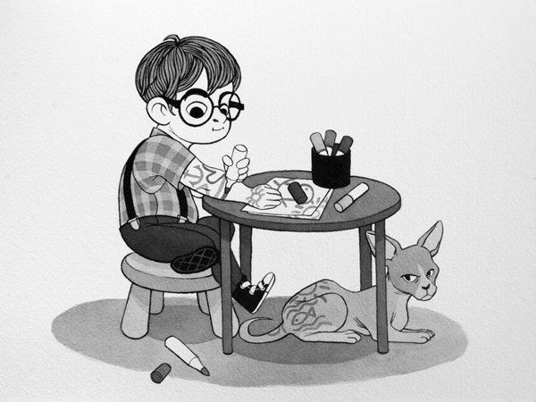 Anna Lubinski - Illustration - Inktober - Boy and sphynx cat