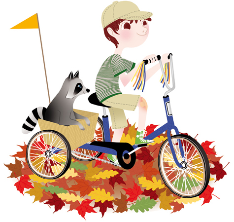 Anna Lubinski - Illustration - Cartoon portrait - Character design - raton laveur dessin tricycle vintage balade automne - raccoon vintage bicycle autumn leaves 