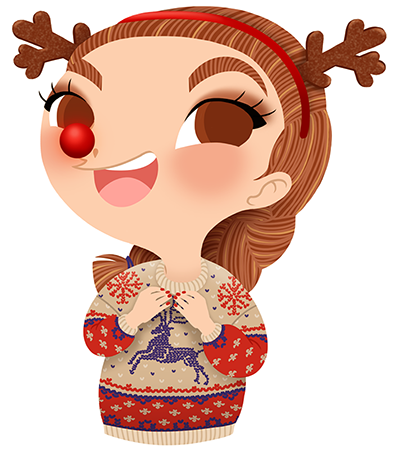 Anna Lubinski - Advent Calendar - Cartoon portrait - Character design - She wears a ugly Christmas jumper and reindeer disguise (reindeer horns and Rudolph's red nose).
