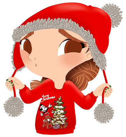 Anna Lubinski - Advent Calendar - Cartoon portrait - Character design - She wears a red christmas sweater with a vintage mickey on it. She is putting a peruvian beanie.
