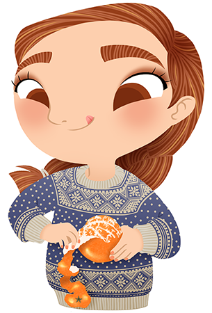 Anna Lubinski - Advent Calendar - Cartoon portrait - Character design - She wears a blue Christmas jumper with snowflakes. She is peeling a clementine.