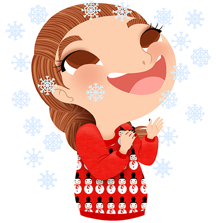 Anna Lubinski - Advent Calendar - Cartoon portrait - Character design - She wears a Christmas sweater with snowmen on it. It's snowing!