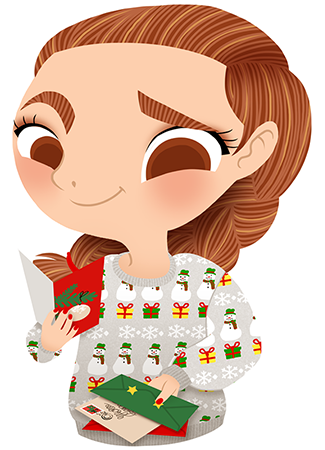 Anna Lubinski - Advent Calendar - Cartoon portrait - Character design - She wears a grey Christmas jumper with snowmen, snowflakes and christmas gifts. She is reading christmas cards.