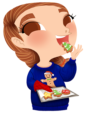 Anna Lubinski - Advent Calendar - Cartoon portrait - Character design - She wears a blue christmas jumper with a gingerbread man on it. She is doing some christmas cookies in shape of star, christmas tree and christmas decoration. 