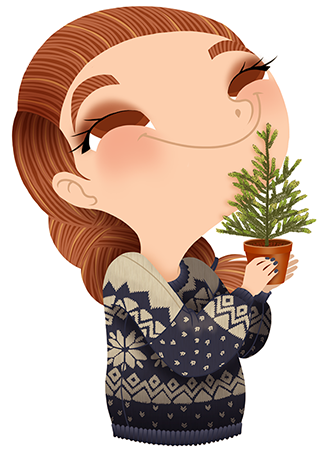 Anna Lubinski - Advent Calendar - Cartoon portrait - Character design - She wears a blue christmas sweater. She is smelling a tiny Christmas tree.