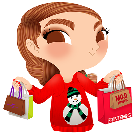 Anna Lubinski - Advent Calendar - Cartoon portrait - Character design - She wears a red christmas sweater with a snowman on it. She is doing some Christmas shopping in Paris.