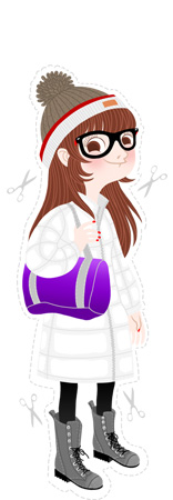 Anna Lubinski - Illustration - Monika - Cartoon portrait - Character design - High school style. She wears : Obey pompom beanie, white winter coat, Bensimon purple bag and grey high boots.