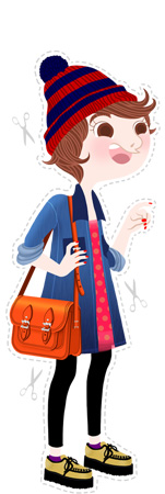 Anna Lubinski - Illustration - Monika - Cartoon portrait - Character design - Back to school. She wears : blue and red striped beanie, brown leather satchel, denim jacket and creepers.