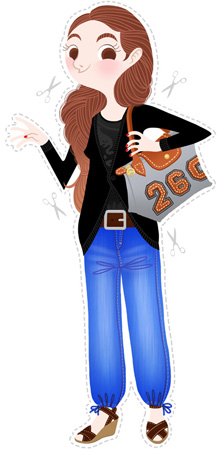 Anna Lubinski - Illustration - Cartoon portrait - Character design - Simple everyday outfit. She wears plateform shoes, black tops, brown leather belt, blue jeans and Longchamp 'Pliage' bag. She has braided shoes.