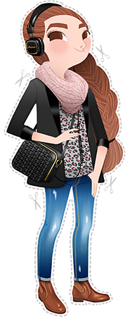 Anna Lubinski - Illustration - Self-portrait - Cartoon portrait - Character design - She wears a pink zebra patterned scarf, a leopard patterned sweater, skinny jeans, brown color leather jodhpur boots by &Other Stories, black braided bag by &Other Stories and a black/gold limited edition Marshall headphones. 