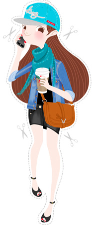 Anna Lubinski - Illustration - Cartoon portrait - Character design - Working girl with urban style. She wears a King's blue snapback, a matching bright blue scarf, a denim jacket, a black denim mini skirt, open toed black sandals and a camel brown hand bag. She is drinking a starbuck coffee and calling somebody with her iPhone.