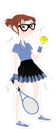 Anna Lubinski - Illustration - Cartoon portrait - Character design - Tenniswoman - Tennis outfit. She wears a blue polo shirt, a black and blue skirt, blue shoes, blue protects wrists. She hold a bright yellow tennis ball in one hand and blue tennis racquet in the other.