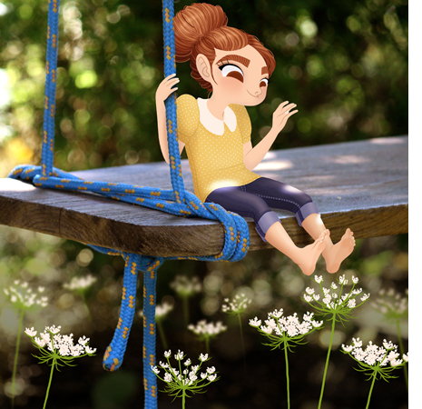 Anna Lubinski - Illustration - Cartoon portrait - Character design - A little girl character is sitting on a very big wooden swing. She is bare feet and there are wild flowers under her feet. The light is sparkling. She wears blue denim jeans, yellow shirt and she has her hair in a bun.