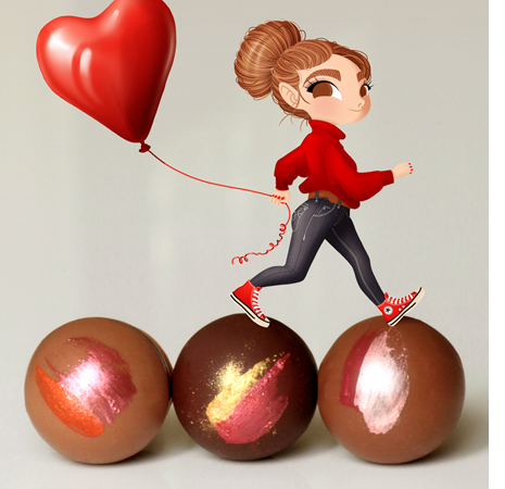 Anna Lubinski - Illustration - Cartoon portrait - Character design - A little girl character wears a red turtle neck, denim jeans and red Converse shoes. She is walking on chocolates and she holds a heart shape balloon in her hand.