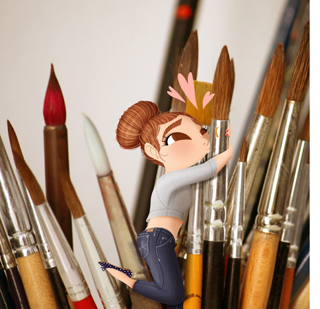 Anna Lubinski - Illustration - Cartoon portrait - Character design - A little girl character hugs big paint brushes and kissing them. She has a bun hairstyle, she wears a sweater crop top, blue jeans and ballerinas.
