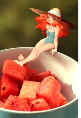 Anna Lubinski - Illustration - Cartoon portrait - Character design - A little ginger haired / red haired girl character is sitting on a bowl of watermelon.