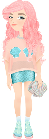 Anna Lubinski - Illustration - Cartoon portrait - Character design - Kailey Flyte from the blog Mermaidens. She has pink pastel hair and beach waves hair. She wears a Lazy Oaf shell boobs crop tee-shirt, a mermaid skirt, Lazy Oaf x JuJu Kyra Jelly sandals and she holds a holographic shell clutch by Nila Anthony.