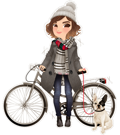 Anna Lubinski - Illustration - Cartoon portrait - Character design - Victoria from the blog Mango and Salt with her French Bulldog and her grey Bike. She wears a grey pompom beanie, a tartan scarf, a whool grey coat, blue jeans and black chelsea boots. 