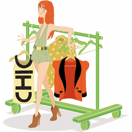 Anna Lubinski - Illustration - Cartoon portrait - Character design - Clothes rack, hanger, clothes, red hair girl in a green combishort. 
