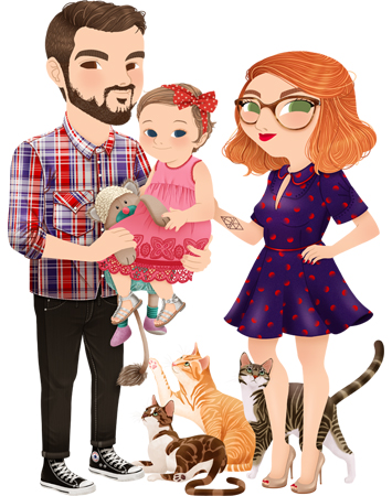 Anna Lubinski - Illustration - Family portrait - Cartoon portrait - Character design - A cute couple with their baby girl and their three cats. The dad is wearing: a Lee plaid shirt, black trousers, black converses and he is holding his daughter. The little girl is wearing: a pink dress, a red dotted headband, silver sandals and she holds her teddy. The mum is red haired, she wears: big glasses, a blue vintage dress and nude heels.